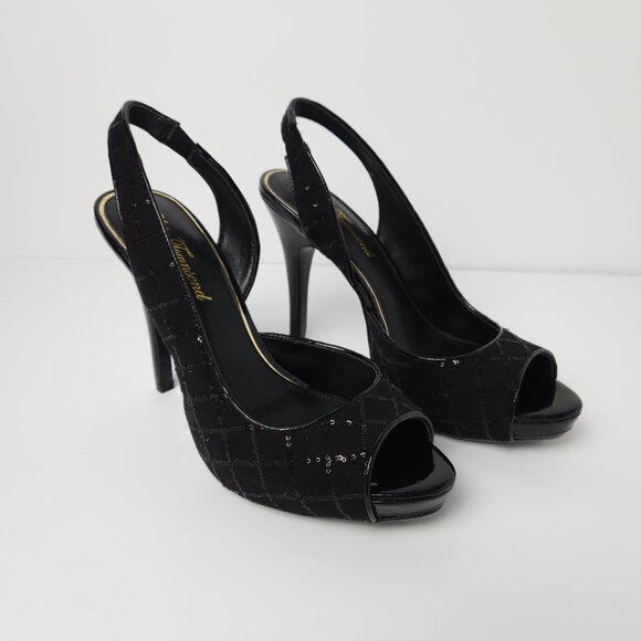 Black Sequin Peep Toe Slingback Heels Size 7.5 Lulu Townsend - New With Box - Picture 1 of 6